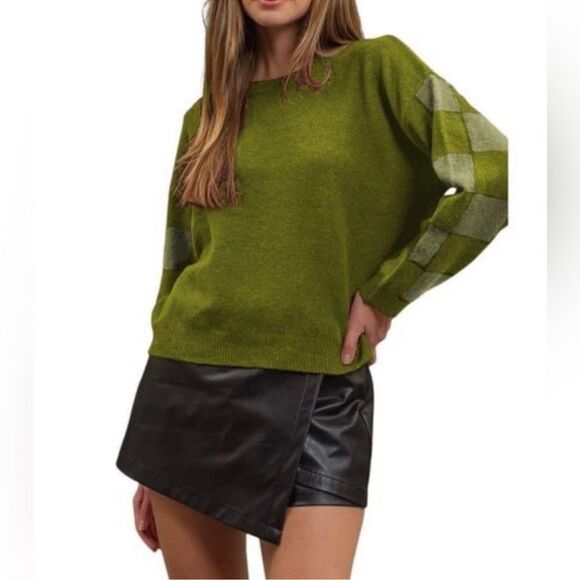 blu pepper XL Olive Moth Green Heather Knit Crew Checker Sleeve Boxy Sweater - Picture 1 of 15